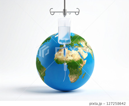 AI generated realistic globe with medical iv bag and tube symbolizing environmental care concept white background climate change earth protection healthcare metaphor 127258642