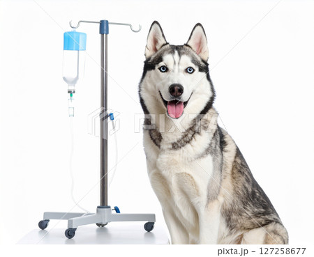 AI generated happy siberian husky dog receiving iv fluid therapy symbolizing pet care and veterinary treatment concept white background animal health and wellness AI generated happy siberian husky dog receiving iv fluid therapy symbolizing pet care and veterinary treatment concept white background animal health and wellness 127258677