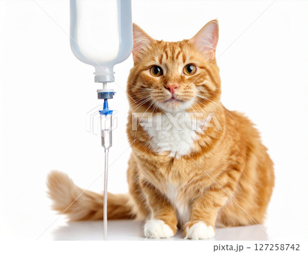 AI generated happy ginger cat receiving iv fluid therapy symbolizing professional pet care and feline veterinary treatment concept white background cat health and hydration 127258742