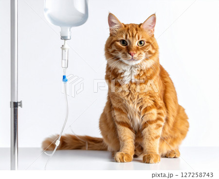 AI generated happy ginger cat receiving iv fluid therapy symbolizing professional pet care and feline veterinary treatment concept white background cat health and hydration 127258743