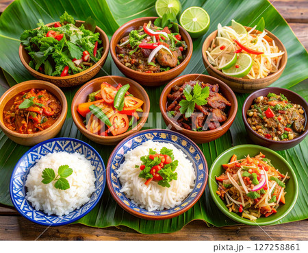 AI generated authentic northeastern Thai cuisine featuring spicy som tum papaya salad, larb meat salad, and pla ra chili dip with sticky rice, served in isan-style earthenware with fresh ingredients 127258861