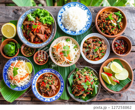 AI generated authentic northeastern Thai cuisine featuring spicy som tum papaya salad, larb meat salad, and pla ra chili dip with sticky rice, served in isan-style earthenware with fresh ingredients 127258862