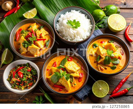 AI generated authentic southern Thai cuisine featuring spicy kaeng tai pla fish curry, yellow curry, and stink beans served in traditional southern-style bowls with fresh ingredients and cooking tools 127258865