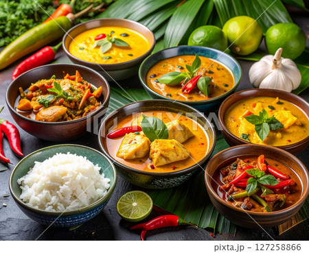 AI generated authentic southern Thai cuisine featuring spicy kaeng tai pla fish curry, yellow curry, and stink beans served in traditional southern-style bowls with fresh ingredients and cooking tools 127258866