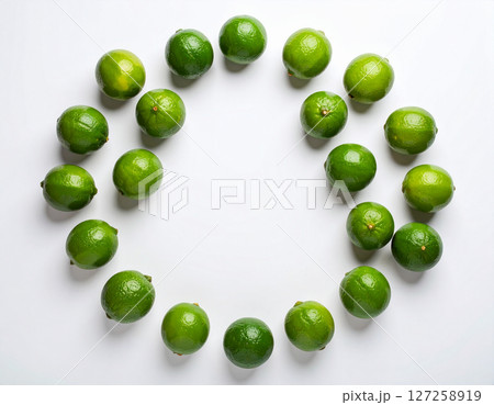AI generated vibrant image of fresh green limes arranged in circular formation, showcasing their juicy texture against clean white background, perfect for beverage and cooking concepts 127258919