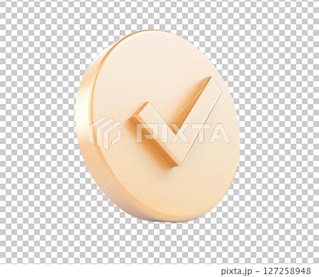 in a brightly illuminated setting, a sleek, light orange or golden, circular button like object with a dimensional check mark on its surface is prominently displayed 127258948