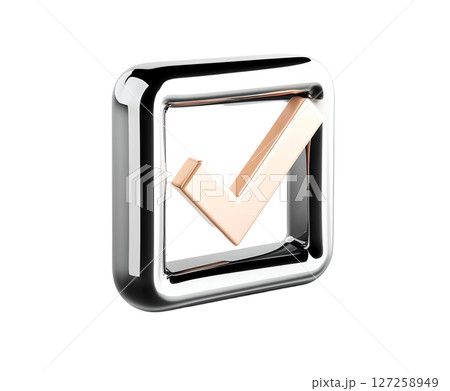 the image features a dimensional check symbol. a chrome metal forms a square around an inner confirmation. the inside shape is made from a golden or rose colored metal the image features a dimensional check symbol. a chrome metal forms a square around an inner confirmation. the inside shape is made from a golden or rose colored metal 127258949