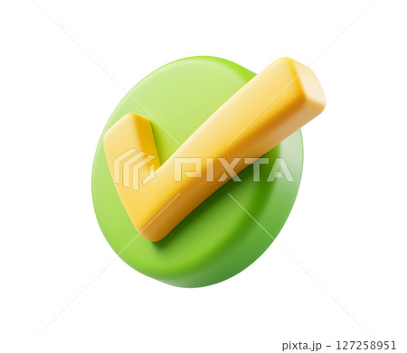 this is a close up of a rendered image against a plain backdrop. the focal point is a check mark in a yellowish hue situated atop a circular object in green this is a close up of a rendered image against a plain backdrop. the focal point is a check mark in a yellowish hue situated atop a circular object in green 127258951