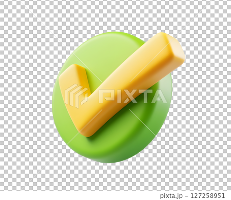 this is a close up of a rendered image against a plain backdrop. the focal point is a check mark in a yellowish hue situated atop a circular object in green this is a close up of a rendered image against a plain backdrop. the focal point is a check mark in a yellowish hue situated atop a circular object in green 127258951