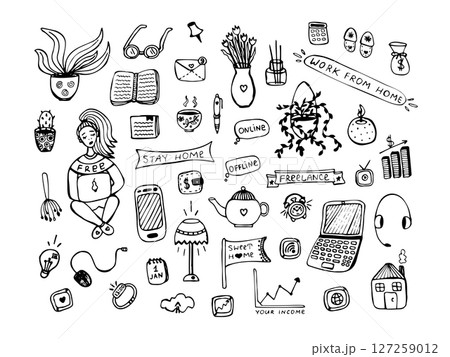 Work at home, black and white doodle set 127259012