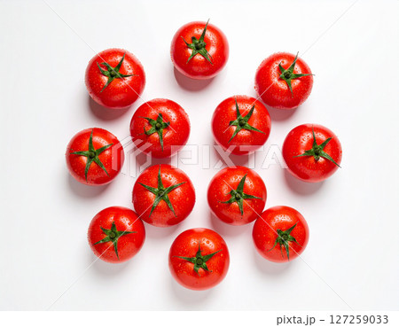 AI generated vibrant image of ripe red tomatoes arranged in circular formation with glistening water droplets, showcasing their juicy freshness and glossy skin against clean white background AI generated vibrant image of ripe red tomatoes arranged in circular formation with glistening water droplets, showcasing their juicy freshness and glossy skin against clean white background 127259033