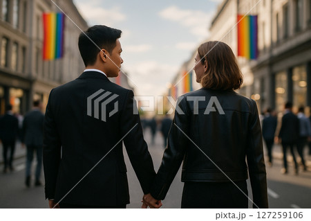 AI generated image of an LGBTQ couple holding hands walking away in a city with rainbow flags and warm sunlight symbolizing diversity acceptance and new beginnings AI generated image of an LGBTQ couple holding hands walking away in a city with rainbow flags and warm sunlight symbolizing diversity acceptance and new beginnings 127259106