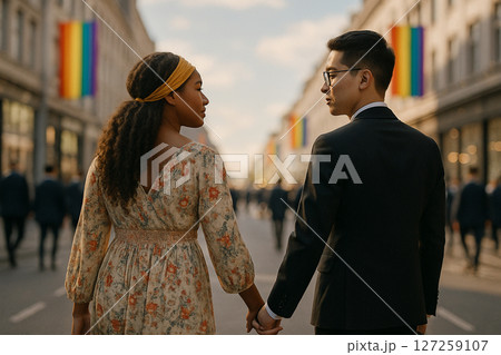 AI generated image of an LGBTQ couple with reversed gender fashion walking hand in hand on a city street under rainbow flags symbolizing freedom inclusion and a bright future AI generated image of an LGBTQ couple with reversed gender fashion walking hand in hand on a city street under rainbow flags symbolizing freedom inclusion and a bright future 127259107