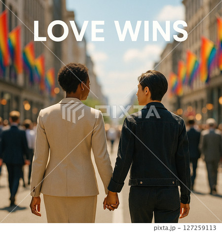 AI generated image of a diverse couple walking hand in hand under rainbow flags on a sunny city street representing love inclusion acceptance and freedom in a supportive and modern society AI generated image of a diverse couple walking hand in hand under rainbow flags on a sunny city street representing love inclusion acceptance and freedom in a supportive and modern society 127259113