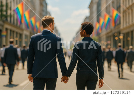 AI generated image of an interracial LGBTQ couple walking hand in hand under rainbow flags on a city street symbolizing love acceptance diversity freedom and a hopeful journey toward a brighter future AI generated image of an interracial LGBTQ couple walking hand in hand under rainbow flags on a city street symbolizing love acceptance diversity freedom and a hopeful journey toward a brighter future 127259114