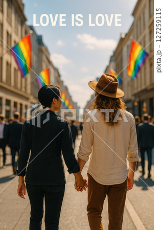 AI generated image of an Asian man in stylish womenswear and a European woman in hippy menswear walking hand in hand on a rainbow flag street showing unity pride and hope in a modern accepting city AI generated image of an Asian man in stylish womenswear and a European woman in hippy menswear walking hand in hand on a rainbow flag street showing unity pride and hope in a modern accepting city 127259115