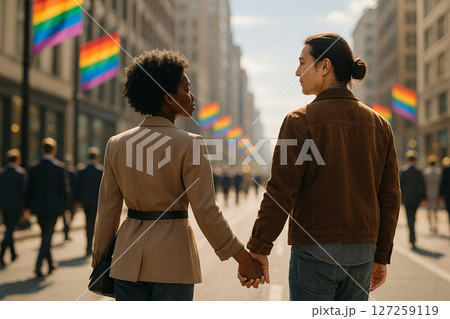 AI generated image of a black man and Asian woman dressed in nontraditional gender styles walking hand in hand through a rainbowflagged city street symbolizing pride freedom and new beginnings AI generated image of a black man and Asian woman dressed in nontraditional gender styles walking hand in hand through a rainbowflagged city street symbolizing pride freedom and new beginnings 127259119