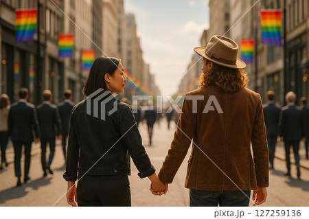 AI generated image of Asian and European women walking hand in hand on a city street with rainbow flags representing love freedom gender diversity and new beginnings under warm sunlight 127259136