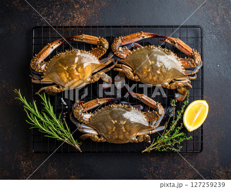 AI generated top view of fresh whole blue crabs grilled over charcoal, perfectly cooked with smoky aroma and juicy meat. Seasoned with salt and black pepper, garnished with rosemary sprigs and lemon. 127259239