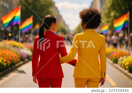 AI generated image of an Asian and a Black woman wearing masculine outfits walking arm in arm through a sunny pride street lined with rainbow flags flower gardens and festive city vibes 127259343