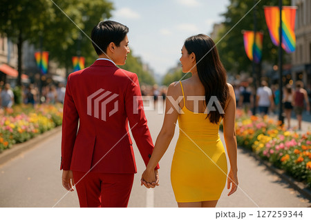 AI generated image of Asian lesbian couple walking arm in arm through a city Pride festival surrounded by flowers rainbow flags and a cheerful urban atmosphere with bright daylight 127259344