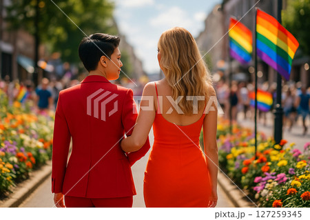 AI generated image of Asian and European lesbian couple walking arm in arm at a vibrant Pride festival on a flower-lined city street with rainbow flags and bright daylight 127259345