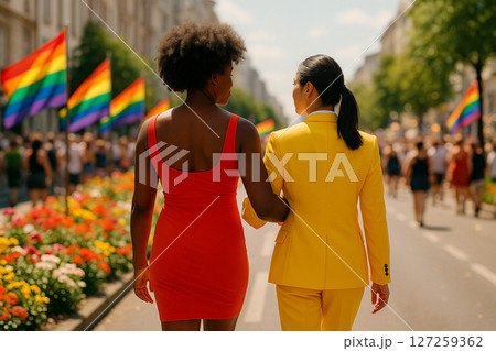 AI generated image of interracial LGBTQ couple walking together at a pride parade with rainbow flags flowers and joyful festival crowd under a bright sunny sky celebrating love and gender diversity 127259362