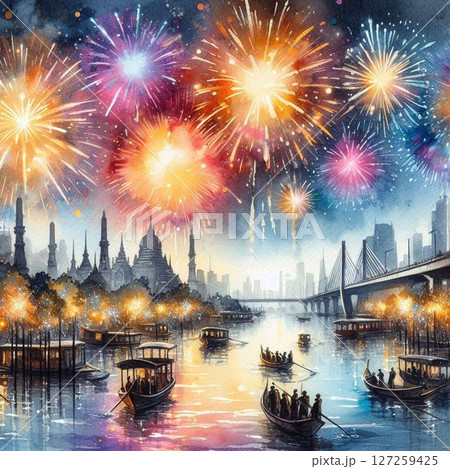 水彩画タッチで描く大花火大会、花火の打ち上げ 水彩画タッチで描く大花火大会、花火の打ち上げ 127259425
