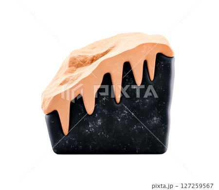against a white backdrop, a dark, rectangular object is prominently displayed, topped with a rough, lighter colored textured layer against a white backdrop, a dark, rectangular object is prominently displayed, topped with a rough, lighter colored textured layer 127259567