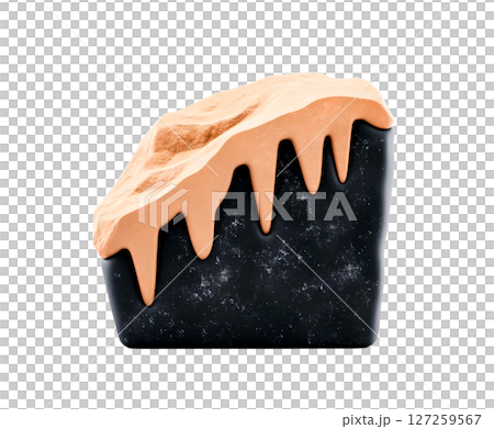 against a white backdrop, a dark, rectangular object is prominently displayed, topped with a rough, lighter colored textured layer against a white backdrop, a dark, rectangular object is prominently displayed, topped with a rough, lighter colored textured layer 127259567