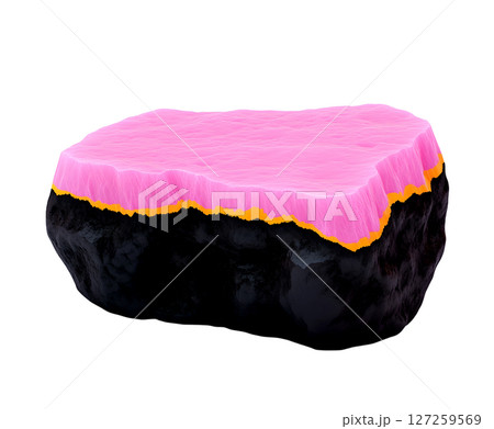 a rough, oblong object with textured surfaces appears to be composed of stratified materials. the bottom portion is a dark, shiny color with an uneven, rocky texture 127259569