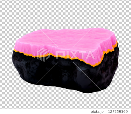 a rough, oblong object with textured surfaces appears to be composed of stratified materials. the bottom portion is a dark, shiny color with an uneven, rocky texture 127259569