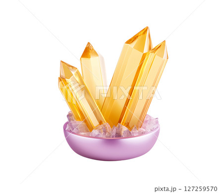 centered against a plain background, a cluster of translucent golden rods rises from a bowl. the smooth bowl is rounded and a pale purple tone 127259570