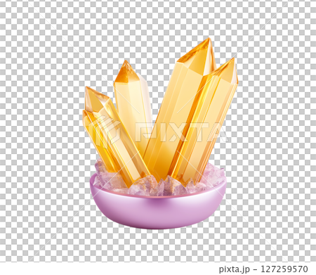 centered against a plain background, a cluster of translucent golden rods rises from a bowl. the smooth bowl is rounded and a pale purple tone 127259570