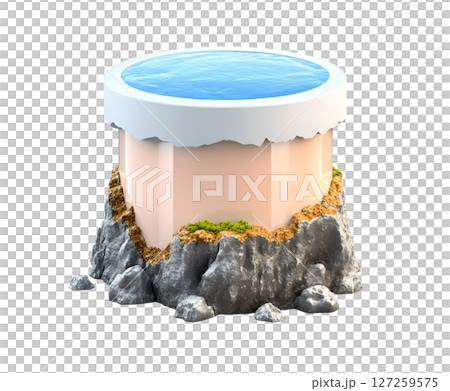 the image features a cylindrical structure on a white background. at the top, there is a pool of blue water contained within a white rim 127259575