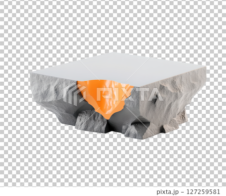 against a plain white background, a sculptural object resembling a table is presented. the top surface is a smooth, light colored square against a plain white background, a sculptural object resembling a table is presented. the top surface is a smooth, light colored square 127259581