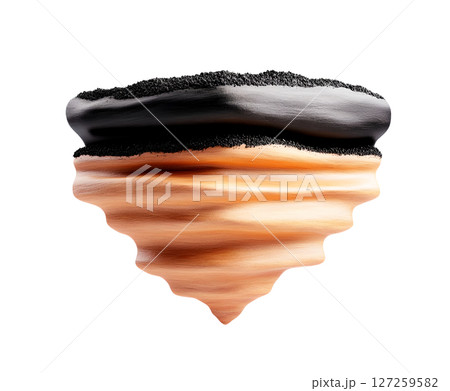 against a stark white backdrop, a sculpted form resembling a levitating landmass is presented 127259582