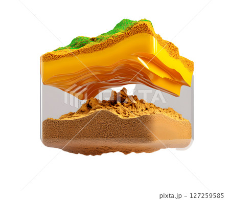 the image shows a cutaway view of different layers of earth within a translucent container. at the top, a grassy section sits above a layer of packed soil 127259585