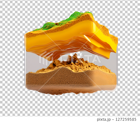 the image shows a cutaway view of different layers of earth within a translucent container. at the top, a grassy section sits above a layer of packed soil 127259585