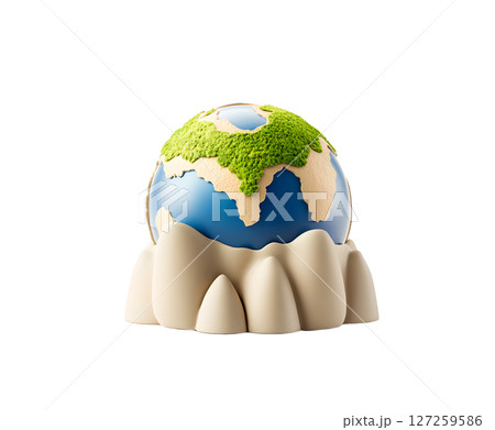 a stylized depiction of a sphere is displayed against a stark white backdrop, with a focus on environmental themes 127259586