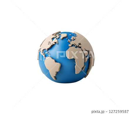the image shows a stylized representation of the planet on a white background. the sphere has blue areas depicting water and beige areas representing land masses 127259587