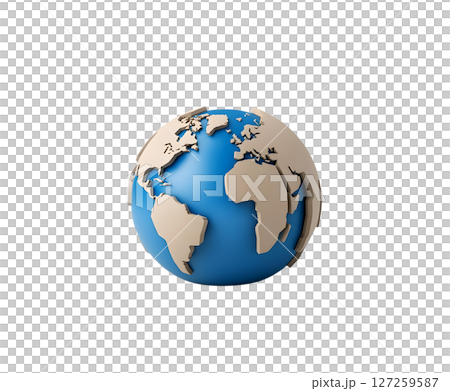 the image shows a stylized representation of the planet on a white background. the sphere has blue areas depicting water and beige areas representing land masses 127259587