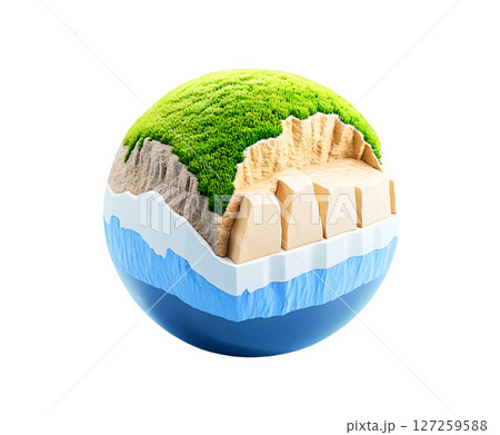the image displays a cross section of a spherical model depicting various earth layers 127259588