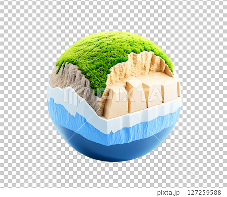 the image displays a cross section of a spherical model depicting various earth layers 127259588