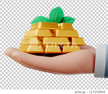 the image depicts a hand holding a stack of metallic yellow bars, with green leaves sprouting from the top. the bars are arranged in a neat pyramid shape and appear to be metallic 127259694