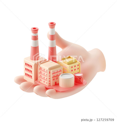 a cartoon style hand holds a miniature industrial complex against a plain backdrop 127259709