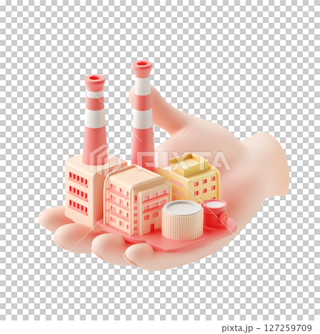 a cartoon style hand holds a miniature industrial complex against a plain backdrop 127259709