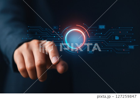 AI generated image of a human hand interacting with a glowing virtual button surrounded by circuit-like data graphics in a futuristic digital environment 127259847