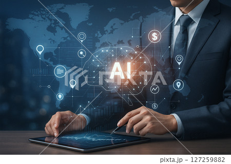 AI generated digital business scene showing a man in suit using a tablet with holographic charts icons and world map symbolizing global smart finance and data connectivity 127259882