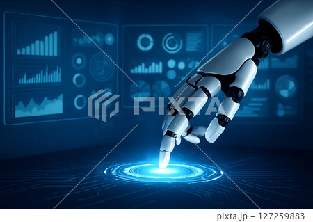 AI generated robotic hand interacting with futuristic digital interface glowing with blue holographic light surrounded by data charts and virtual system elements AI generated robotic hand interacting with futuristic digital interface glowing with blue holographic light surrounded by data charts and virtual system elements 127259883